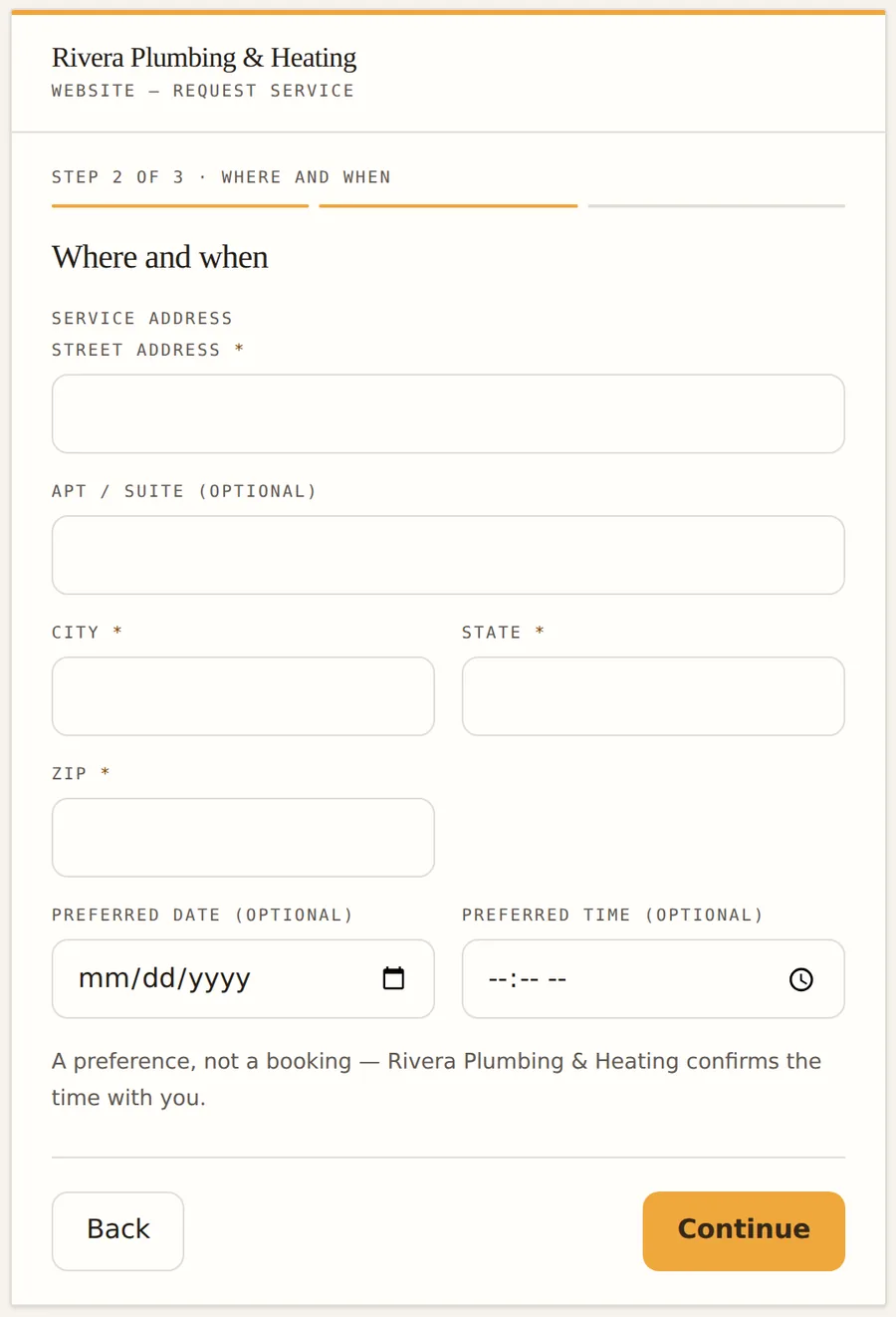 Step 2 of the embeddable booking form: service address fields, an optional preferred date and preferred time, and a line reading “A preference, not a booking — Rivera Plumbing & Heating confirms the time with you.”