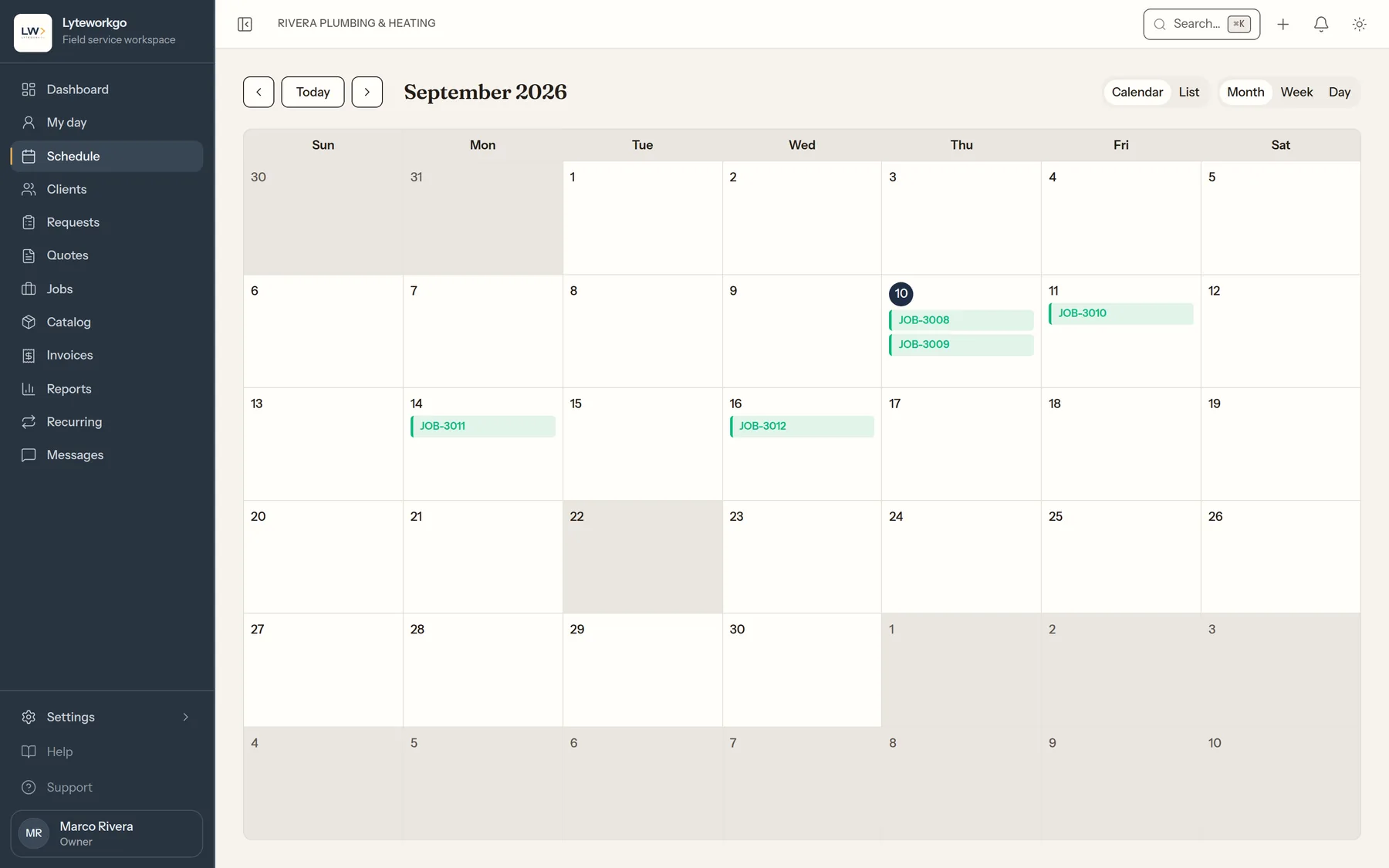 The schedule in month view for September 2026, with jobs JOB-3008 and JOB-3009 on the 10th, JOB-3010 on the 11th, JOB-3011 on the 14th and JOB-3012 on the 16th.