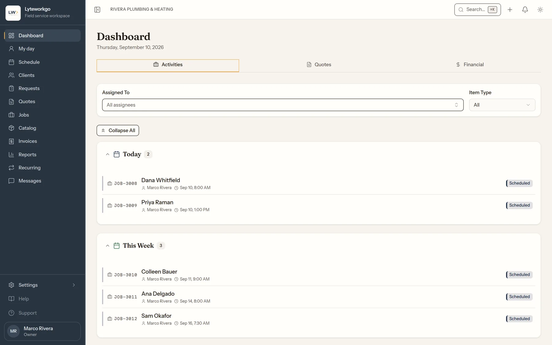 The Lyteworkgo dashboard for Rivera Plumbing & Heating on Thursday 10 September 2026: an Activities tab with two jobs today for Dana Whitfield and Priya Raman, and three more this week, each assigned to Marco Rivera and marked Scheduled.