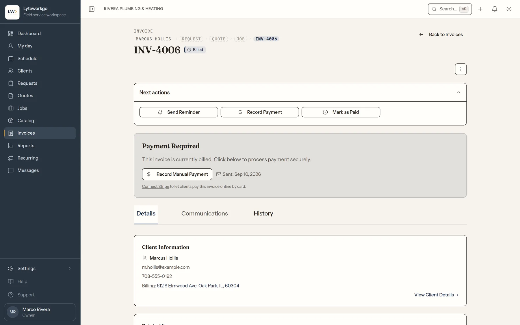 Invoice INV-4006 for Marcus Hollis in the Billed state, with a Request-Quote-Job-Invoice breadcrumb, Next actions for Send Reminder, Record Payment and Mark as Paid, and a Payment Required panel offering to connect Stripe so clients can pay by card.