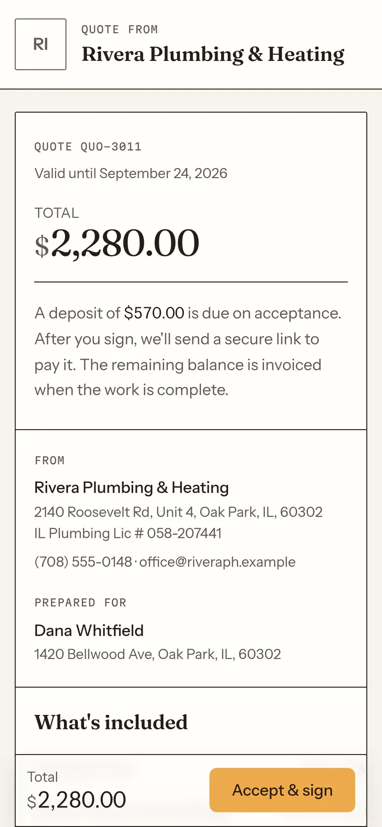 The same quote open on a phone: the total, the deposit terms, who it is from and who it is for, and an Accept & sign button fixed to the bottom of the screen.